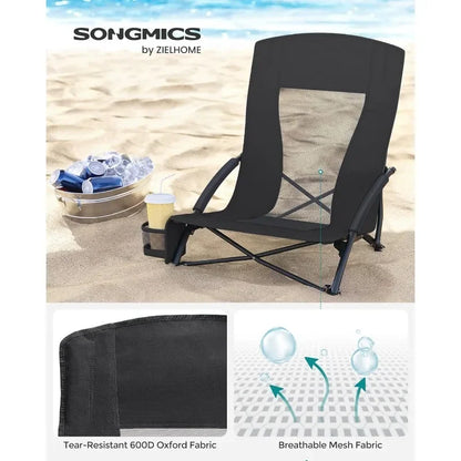 Chaise de plage portable SONGMICS, avec dossier haut, porte-gobelet, pliable, légère, confortable, robuste, chaise d'extérieur