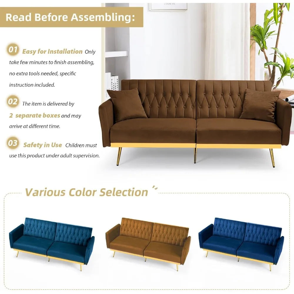 Canapé-lit futon en velours de 70 po avec dossiers et accoudoirs réglables, canapé-lit futon convertible avec deux oreillers, lit-lit capitonné