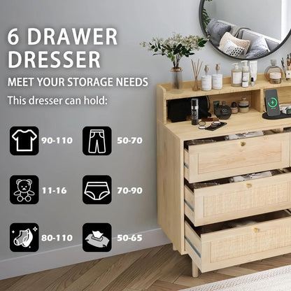 Rattan Dresser for Bedroom with Shelves, Modern Drawer Double Dresser with Charging Station, Wood Chest of Drawers for Bedroom