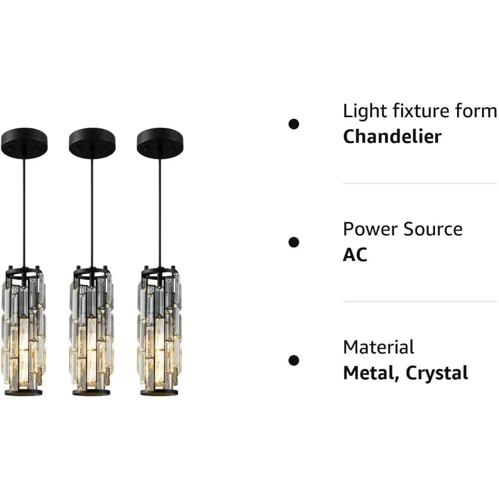 Modern Black Chandelier, Mini Crystal Chandelier, Kitchen Island Dining Room Bedroom Kitchen Sink Lighting (Black 3-Pack)