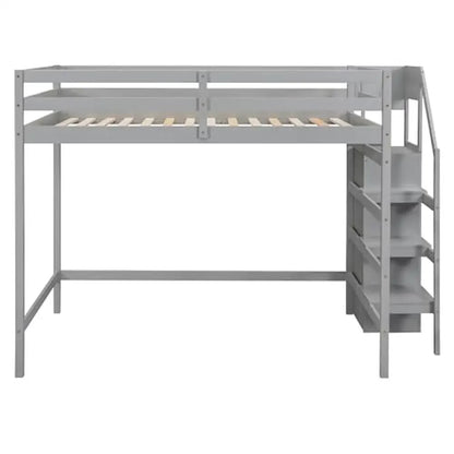 Cama alta de tamaño completo con armario de almacenamiento y escalera, estructura de cama alta de madera de gran capacidad de carga, dormitorio para niños, niñas y niños, color gris