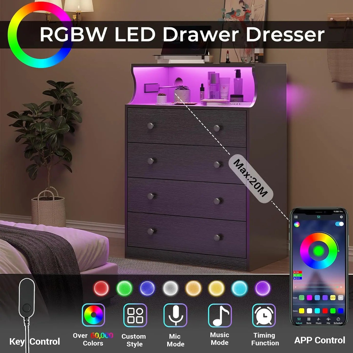 Dresser with Charging Station, 4 Drawers LED Dresser for Bedroom, Chest of Drawers with Open Space, Large Capacity Tall Storage