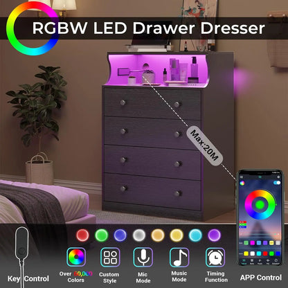 Dresser with Charging Station, 4 Drawers LED Dresser for Bedroom, Chest of Drawers with Open Space, Large Capacity Tall Storage