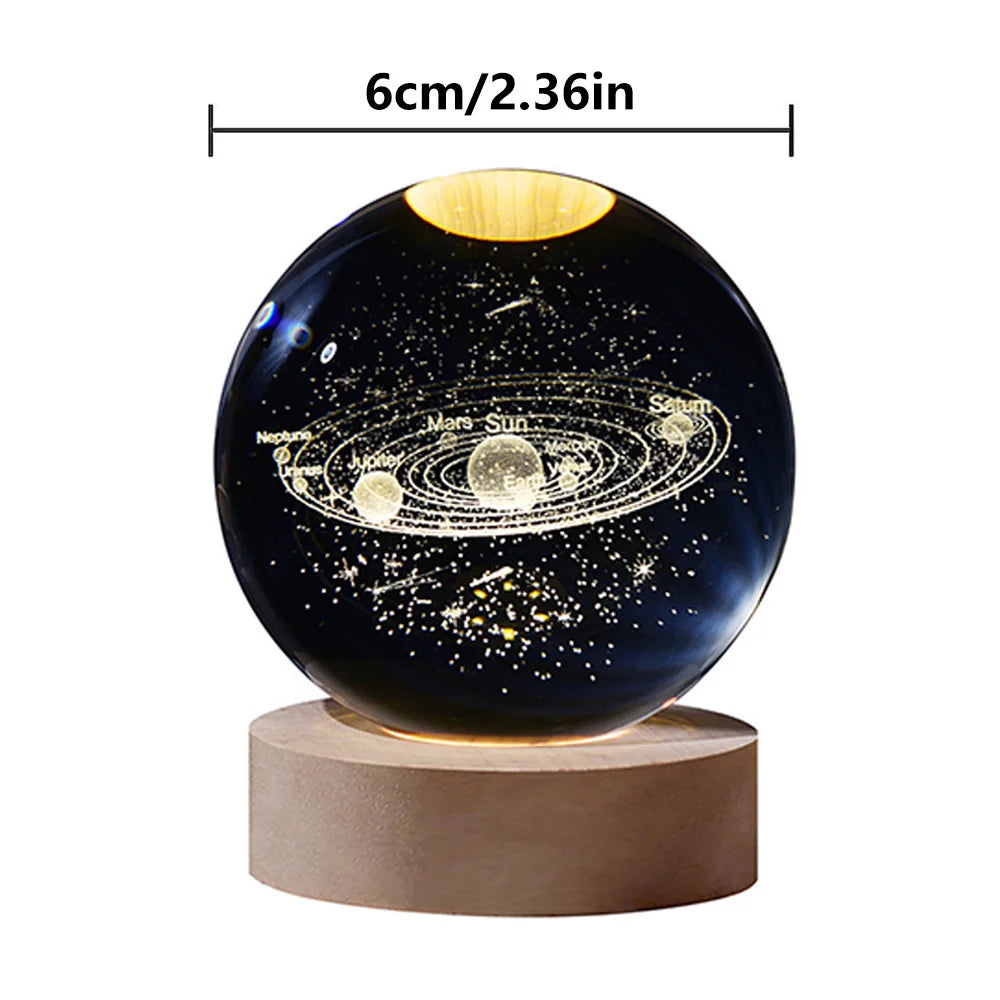 Veilleuse LED USB en forme de boule de cristal galaxie, lampe de table 3D en forme de planète et de lune, décoration de chambre à coucher pour fête d'enfants, cadeaux d'anniversaire