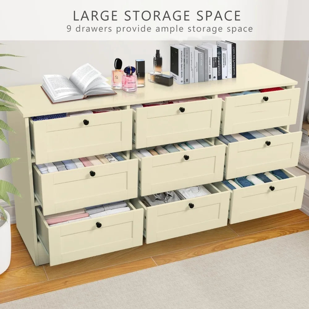 9 Drawer Dresser, White Long Dresser for Bedroom, Modern Wood Wide Dresser, Large Storage Chest of Drawers for Living Room