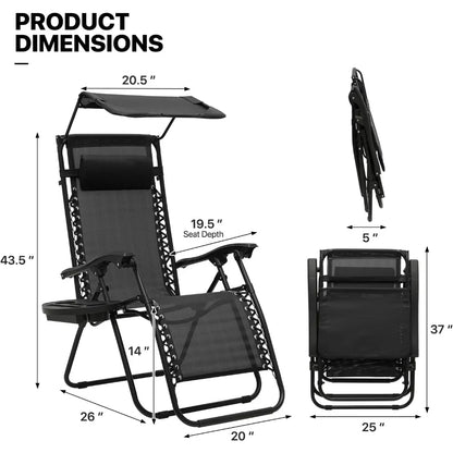 2 PCS Zero Gravity Chairs Folding Outdoor Recliner Patio Beach Lounge Chairs with Canopy Shade, Headrest and Side Tray