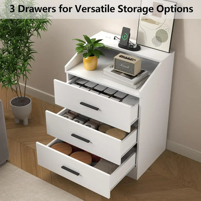 Dresser with Power Outlet, Chest of Drawers with LED Light, White Dresser Organizer with Open Storage Cubby, Modern Nightshatnd