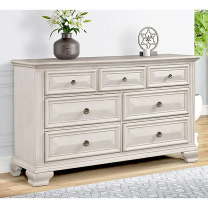 7-Drawer Dresser with Mirror, Renova Distressed Parchment Wood Bedroom Collection,for Living Room ,bedroom