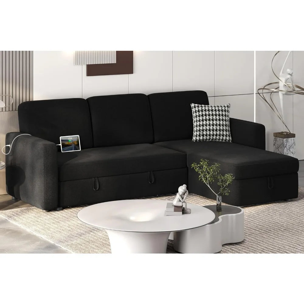 Sectional Sofa L-Shaped Sofa Couch Bed w/Chaise & USB, Reversible Couch Sleeper w/Pull Out Bed & Storage Space, Pull Out Couch