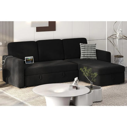 Sectional Sofa L-Shaped Sofa Couch Bed w/Chaise & USB, Reversible Couch Sleeper w/Pull Out Bed & Storage Space, Pull Out Couch