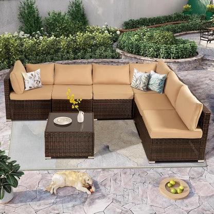 7 Pieces Patio Furniture Set,Wicker Outdoor Conversation Set,Rattan Sectional Sofa Set w/Washable Cushions