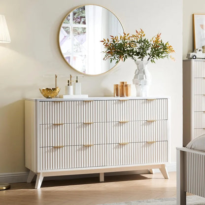 Fluted 6 Drawers Dresser, 54" Wide Modern Chest of Drawers with Faux Marble Top, Curved Profile Design, Dresser TV Stand, Wood