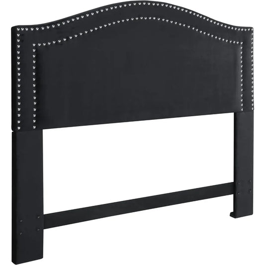 Headboard Velvet Upholstered Double Row Silver Nailhead Trim Modern Transitional Queen Bed Frame With Headboard Bed Wood Black