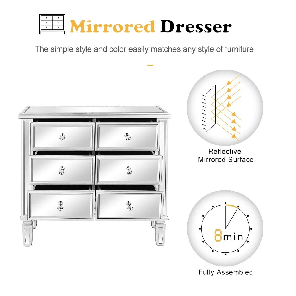 Commode miroir pour chambre à coucher avec 6 tiroirs de rangement, commode moderne, argent