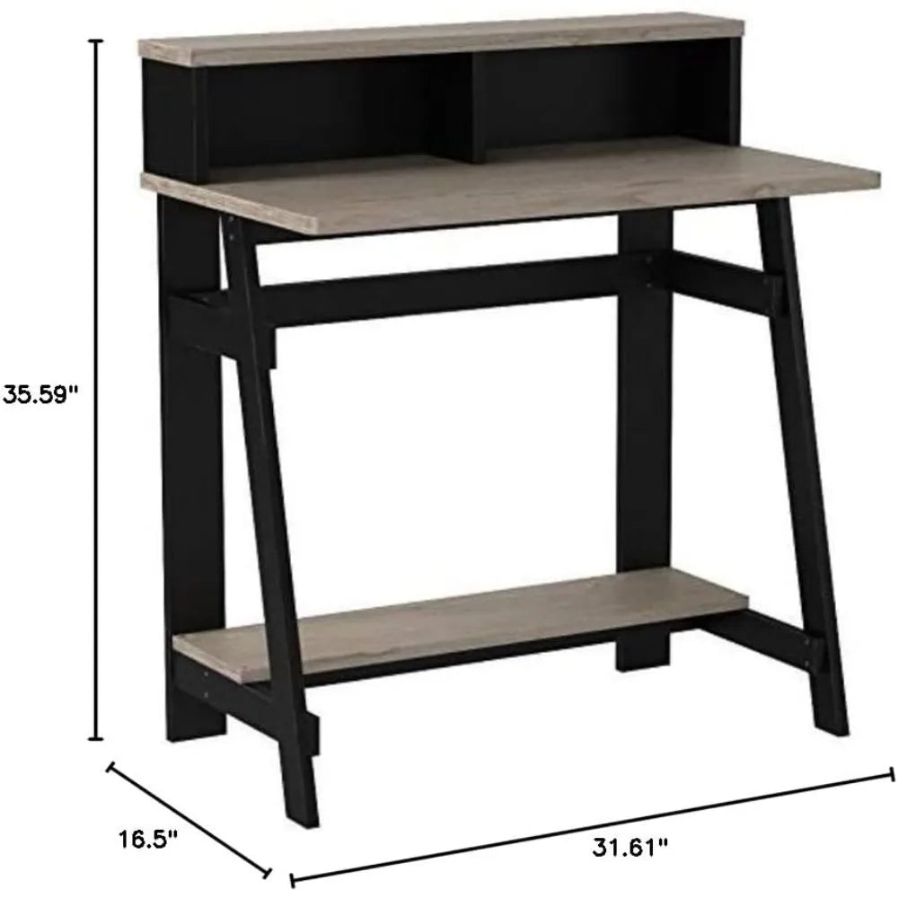 Escritorio de computadora con estructura en A, de estilo simplista, color negro y roble francés gris