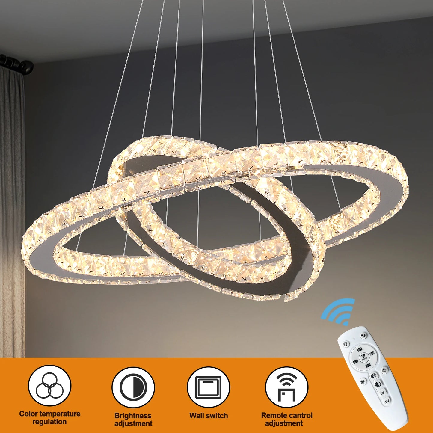 Lámpara de araña LED de cristal de lujo, luminaria para el hogar, anillos, lámpara colgante ajustable con control remoto para dormitorio y sala de estar