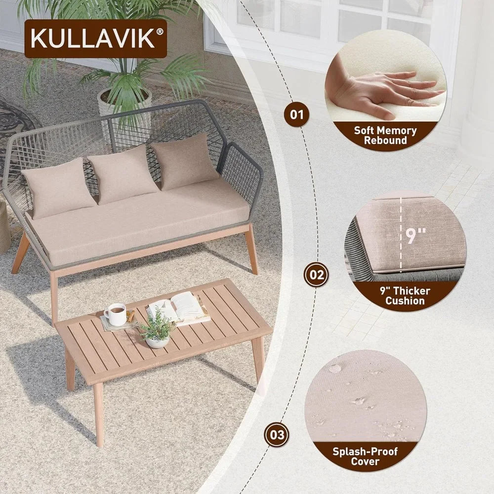 Juego de muebles de exterior para patio, 5 piezas, sofá seccional tejido con cuerda para interior, moderno juego de muebles de patio de roble con mesa de madera