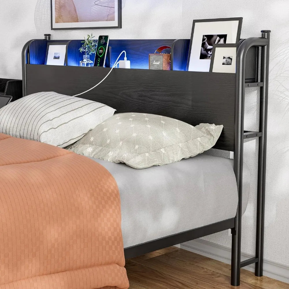 Queen Size Storage Headboard with LED Lights & Charging Station, with Storage, Queen Size Storage Headboard