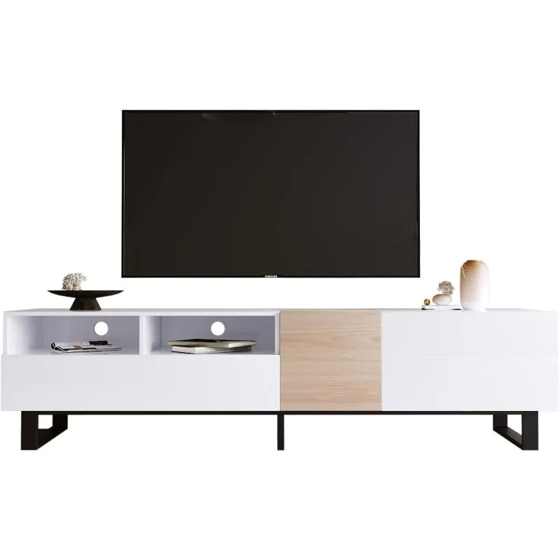 Meuble TV moderne avec 3 armoires et étagères ouvertes, centre de divertissement minimaliste en bois pour téléviseurs jusqu'à 80", console TV robuste