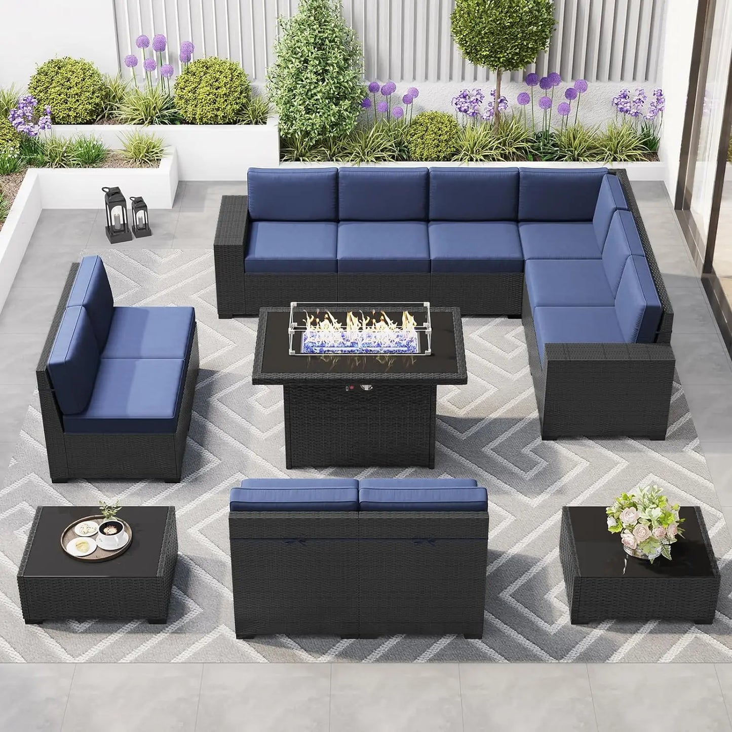 Juego de muebles de patio de 8 piezas con mesa para fogata a gas propano de 44", juego de sofá de mimbre y ratán y mesa de centro Rattan Möbel