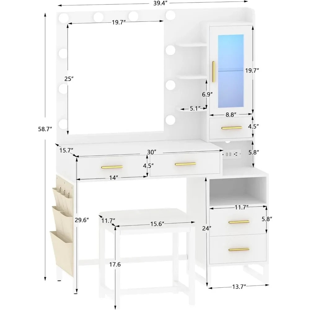 Organizador de tocador de maquillaje, tocador con espejo y luces, tocador para dormitorio, 5 cajones y bolsa de almacenamiento, tocador