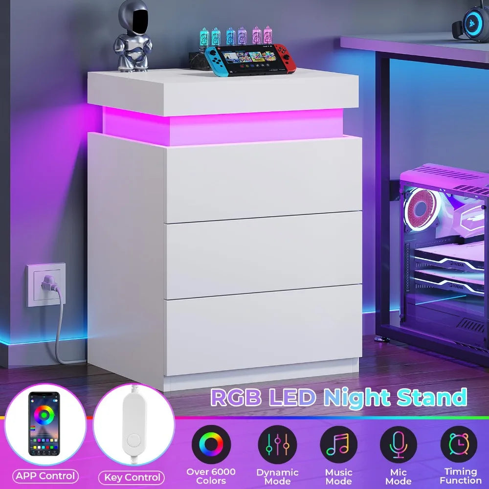 2024 New LED Nightstands Set of 2, Nightstand with Charging Station and Sliding Top,Bedside Table with Power Outlets & Drawers