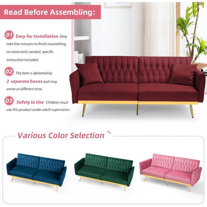 Canapé-lit futon en velours de 70 po avec dossiers et accoudoirs réglables, canapé-lit futon convertible avec deux oreillers, lit-lit capitonné