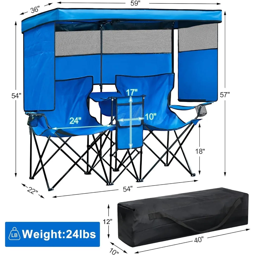 Double Camping Chair with Canopy Shade Beach Chairs with Cup Holder Heavy Duty Folding Loveseat for Outside Lawn Patio