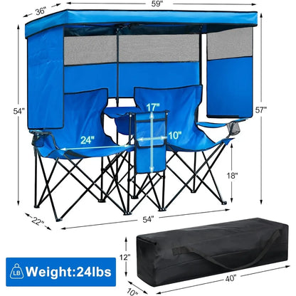 Double Camping Chair with Canopy Shade Beach Chairs with Cup Holder Heavy Duty Folding Loveseat for Outside Lawn Patio