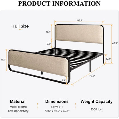 Full Size Platform Metal Bed Frame with Curved Upholstered Headboard and Footboard, Large Under Bed Storage Beds