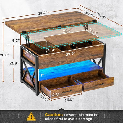 40" Lift Top Coffee Table, 4 in 1 Coffee Tables with Storage for Living Room, Small Farmhouse Coffee Table with 2 Drawers & LED