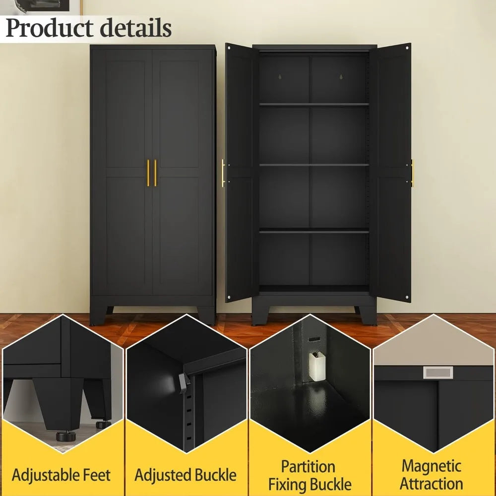 Black Metal Storage Cabinet, 61" Steel File Cabinet for Home Office, Kitchen Pantry Storage Cabinet with Doors