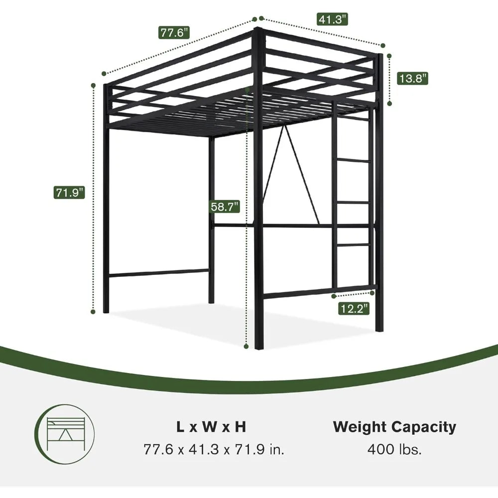 Estructura de cama alta para jóvenes y adultos, cama alta de metal de tamaño doble con barandilla de seguridad y escalera extraíble, ahorra espacio, sin ruido