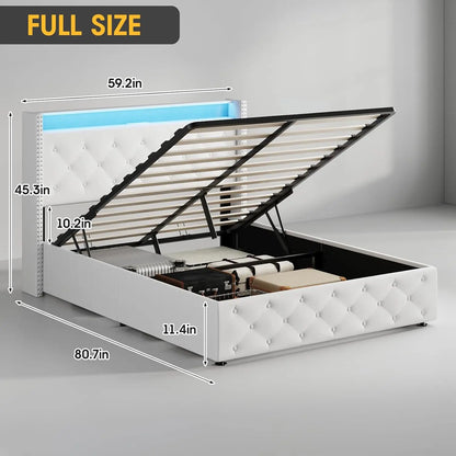 Marco de cama de tamaño completo con cabecera LED y espacio de almacenamiento elevable, marco de cama de plataforma tapizado en terciopelo con luz LED