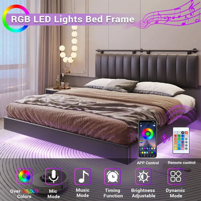 Cadre de lit flottant Queen avec lumières LED et tête de lit fixée au mur Cadre de lit à plateforme à LED Queen Size Rembourré en similicuir