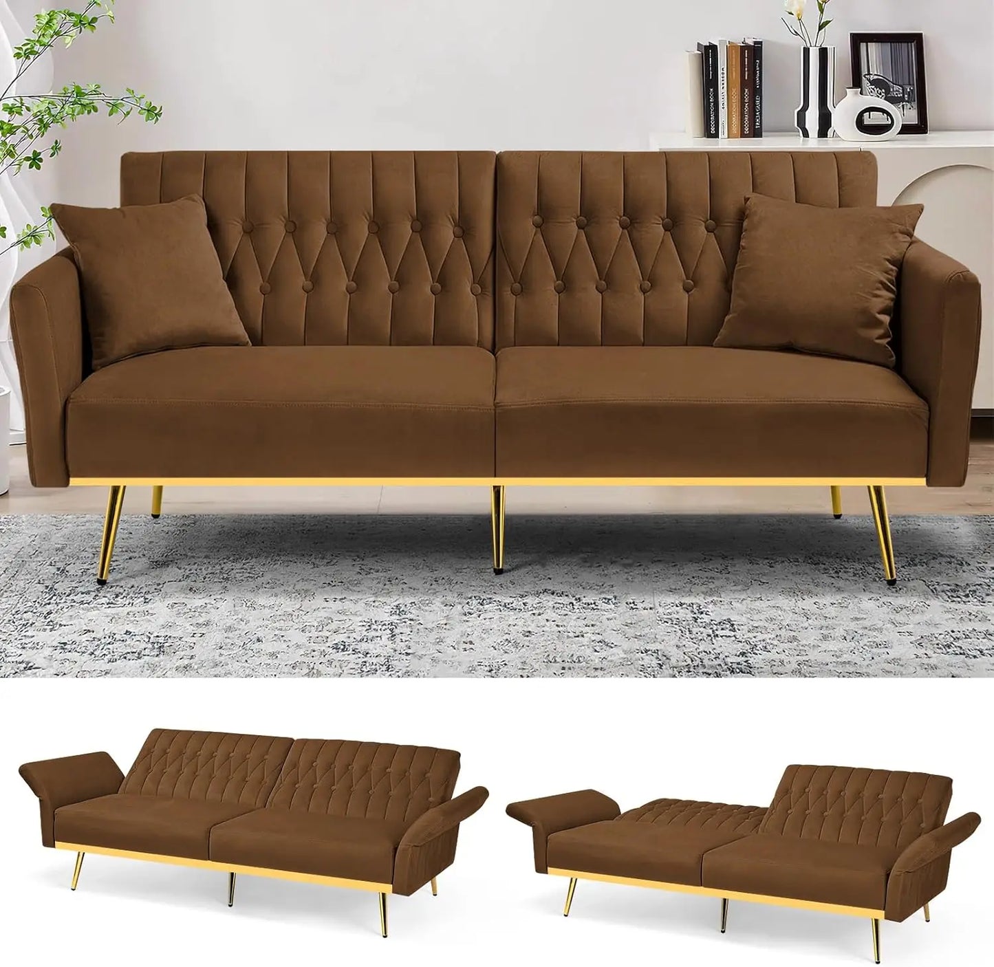 70 Velvet Futon with Adjustable Backrest and Armrests, Sofa Bed with with Extra Pillows for Waiting Room, Living Room and Office