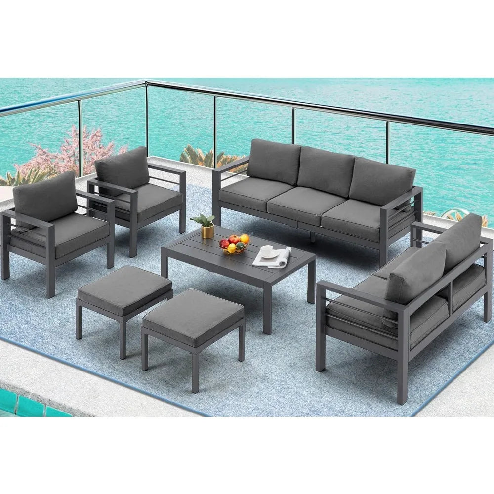 Aluminium Patio Furniture Set, Modern Outdoor Patio Furniture with Coffee Table, Set of 7 with Grey Cushions，Light Grey