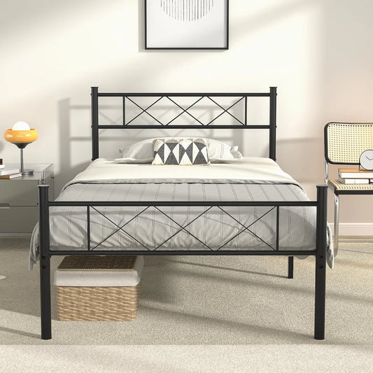 VECELO Twin Size Bed Frame with Headboard, Heavy-Duty Platform/Mattress Foundation with Metal Slats Support, No Box Spring