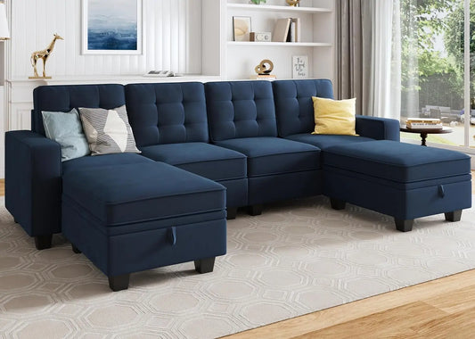 Velvet Sectional Couch with Storage U Shaped Couch with Chaises for Living Room, Dark Blue