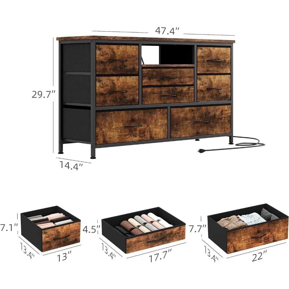 Meuble TV 8 tiroirs avec prise de courant et LED pour téléviseur 55'', commode longue pour chambre à coucher avec 8 tiroirs profonds, table console large