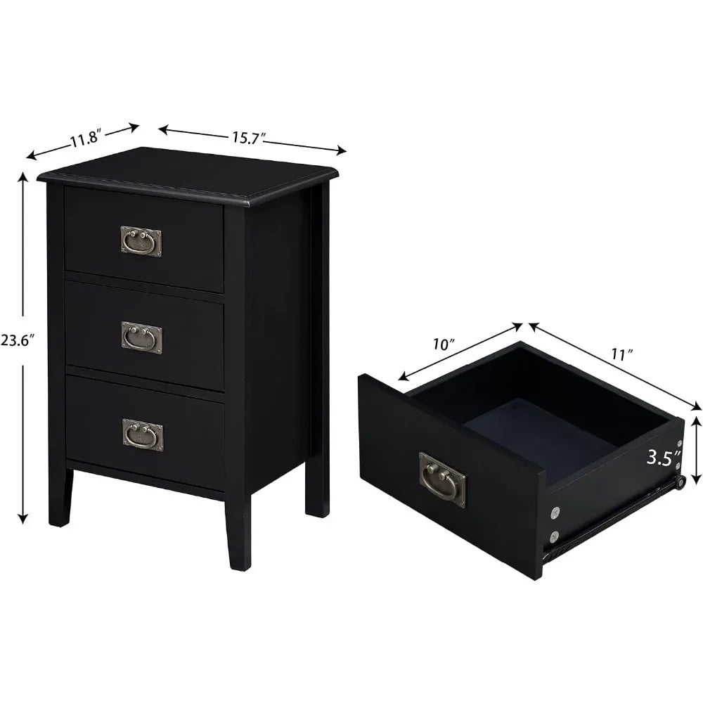 Nightstands Set of 2, Side End Table with 3 Drawers for Bedroom, Living Room Sofa Bedside, Vintage Accent Furniture Small Space