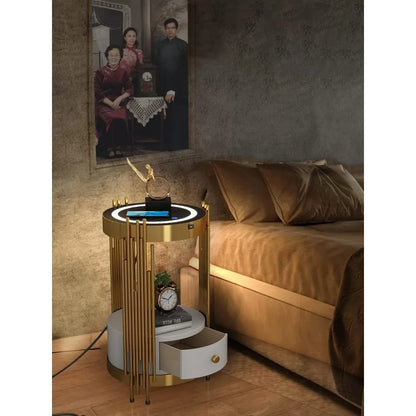 Table de chevet ronde intelligente à LED dorée avec tiroir, table d'appoint étroite pour canapé