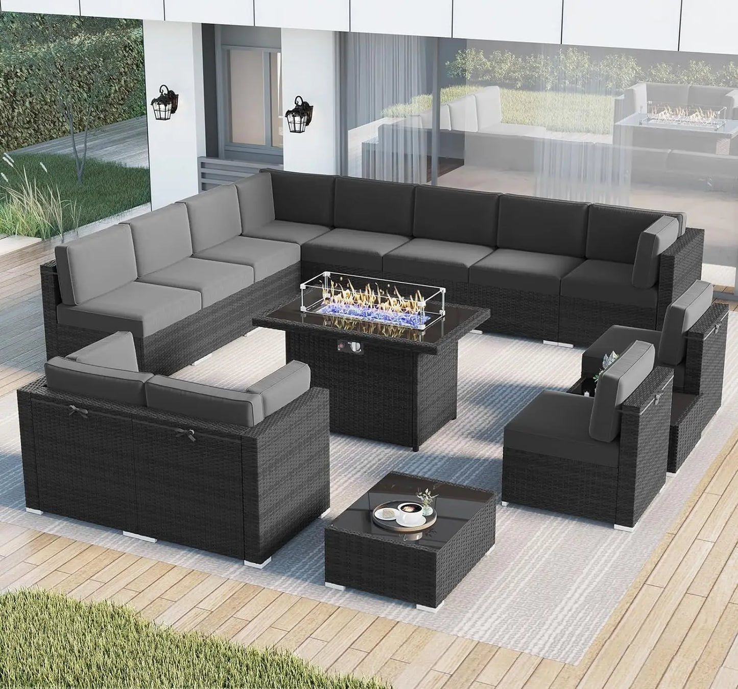 Juego de muebles de patio de 8 piezas con mesa para fogata a gas propano de 44", juego de sofá de mimbre y ratán y mesa de centro Rattan Möbel