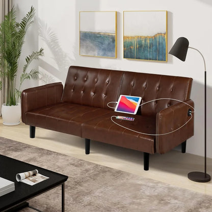 Canapé-lit futon convertible de 65 po avec 2 ports USB, petit canapé-lit pliant réglable rembourré, canapé-lit du milieu du siècle