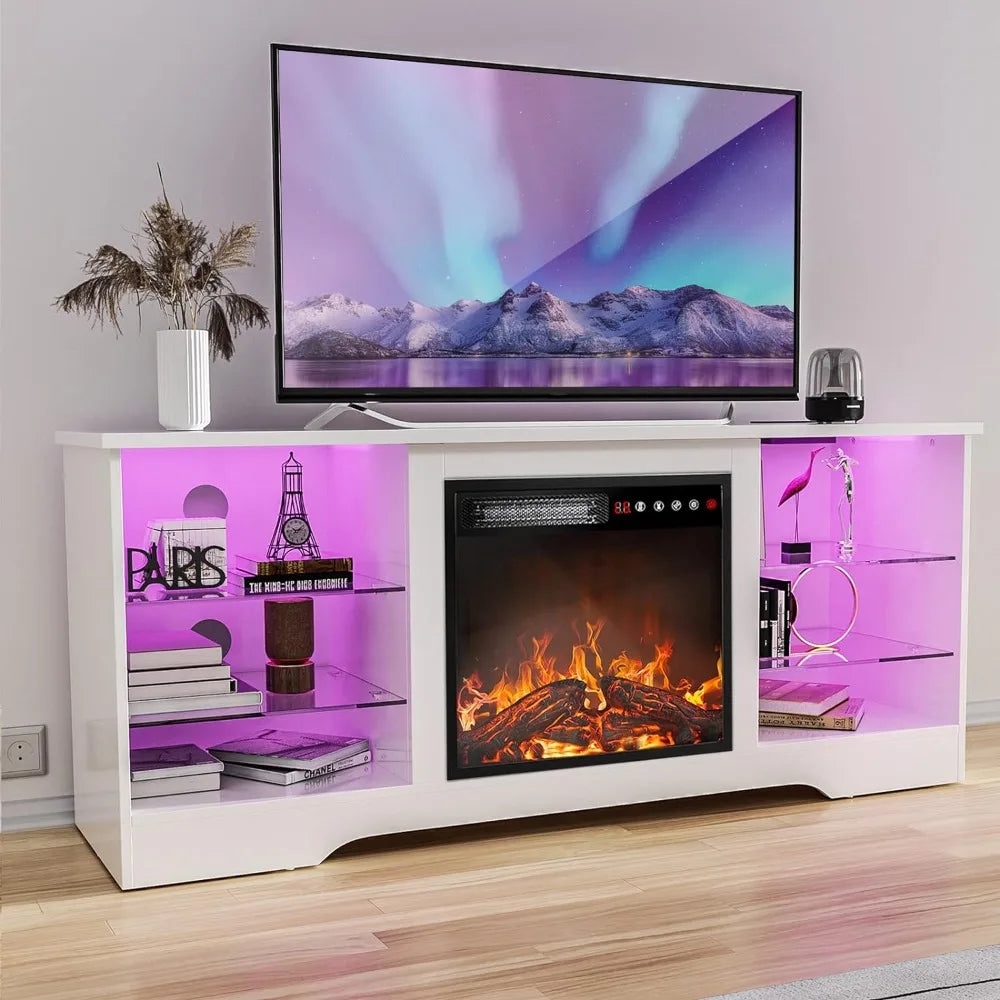 Meuble TV avec cheminée 18'', centre de divertissement moderne pour téléviseurs jusqu'à 65 pouces, console TV multimédia