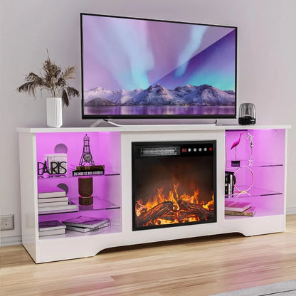 Meuble TV avec cheminée 18'', centre de divertissement moderne pour téléviseurs jusqu'à 65 pouces, console TV multimédia