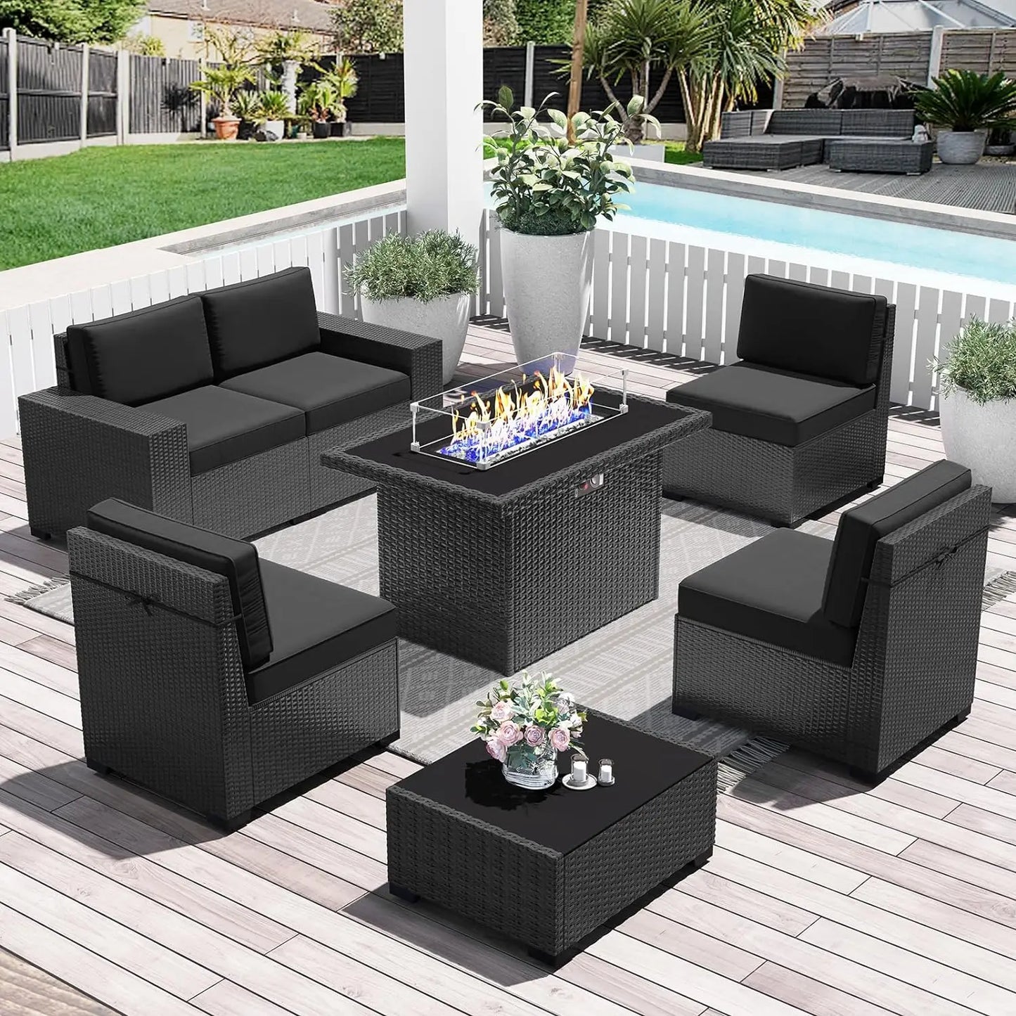 Juego de muebles de patio de 8 piezas con mesa para fogata a gas propano de 44", juego de sofá de mimbre y ratán y mesa de centro Rattan Möbel