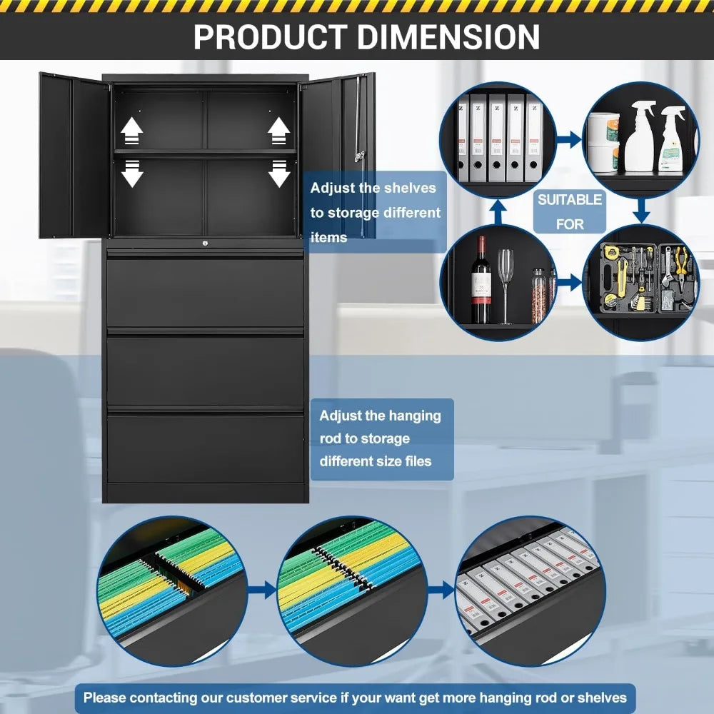 3 Drawers Lateral File Cabinet with Lockable Drawer and Door- Large Steel Filing Cabinet for Home Office Hanging Files Letter