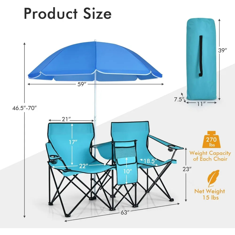 Double Folding Beach Chairs with Umbrella, Outdoor Picnic Portable Loveseat Chairs,Beach Chair