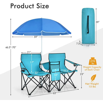 Double Folding Beach Chairs with Umbrella, Outdoor Picnic Portable Loveseat Chairs,Beach Chair